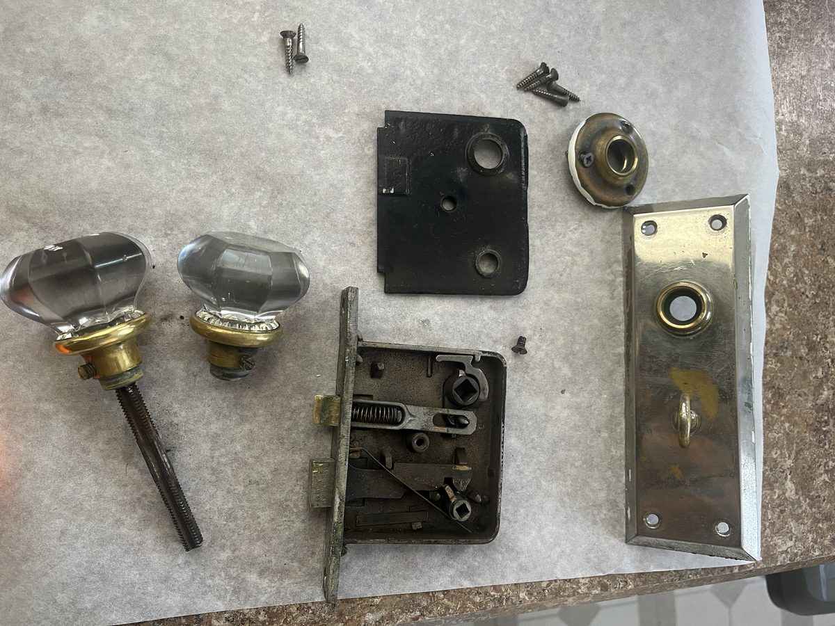 Original glass door knobs and mortise lock hardware Cathedral Hill Saint Paul - JAM Custom Carpentry